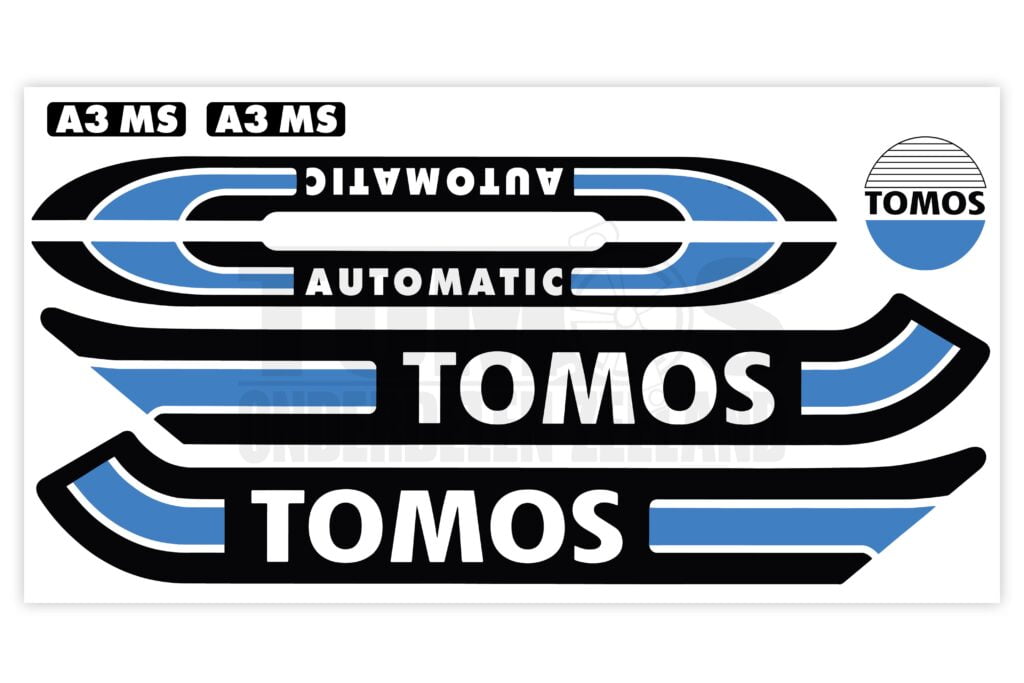 Tomos Stickerset glans standaard automatic zwart / lichtblauw compleet set