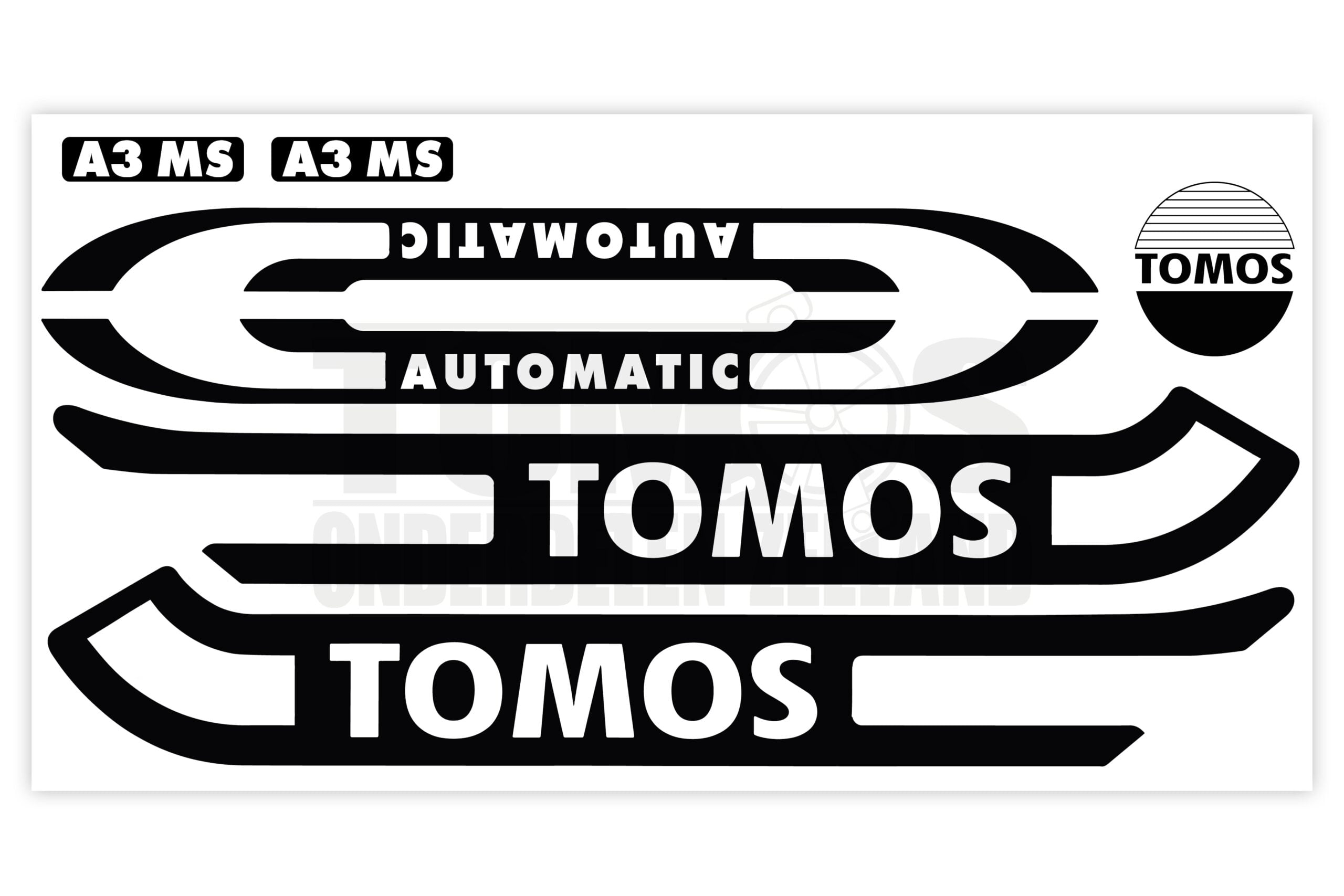 Tomos Stickerset standaard automatic zwart / wit compleet set Tomos Stickerset standaard glans automatic zwart / wit compleet set