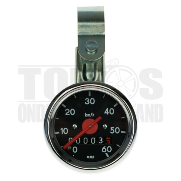Kilometerteller 48mm 60 km/h chroom / zwart met stuur klem bevestiging