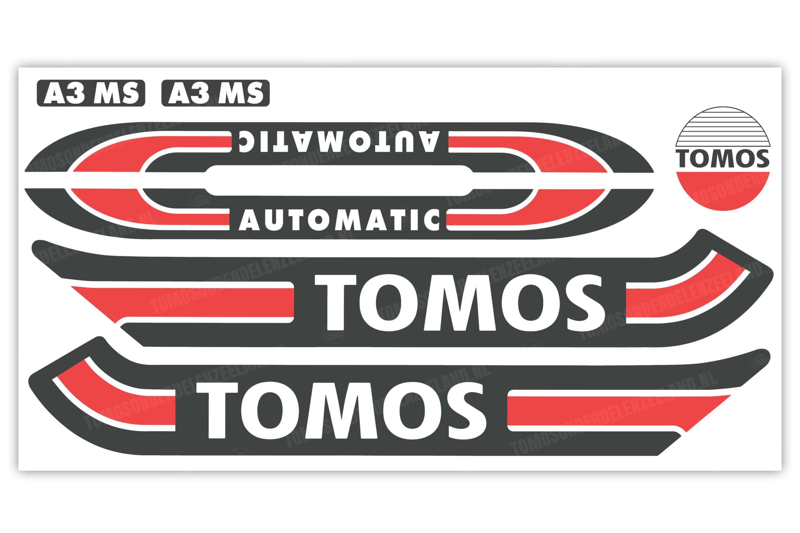 43 Tomos Stickerset mat standaard automatic zwart / rood compleet set