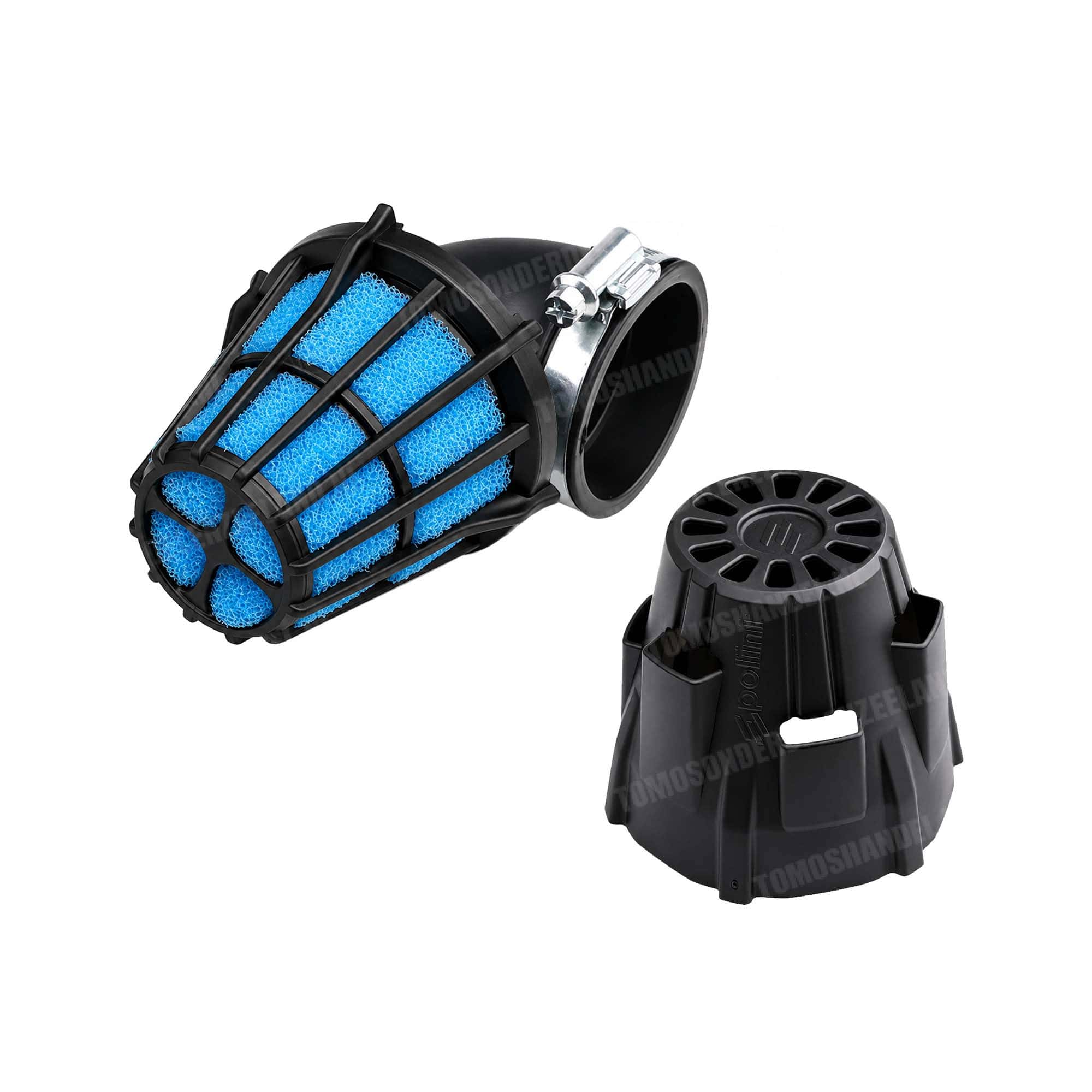 1558 Power luchtfilter schuim Air Box 46mm 90 graden haaks zwart / blauw Polini
