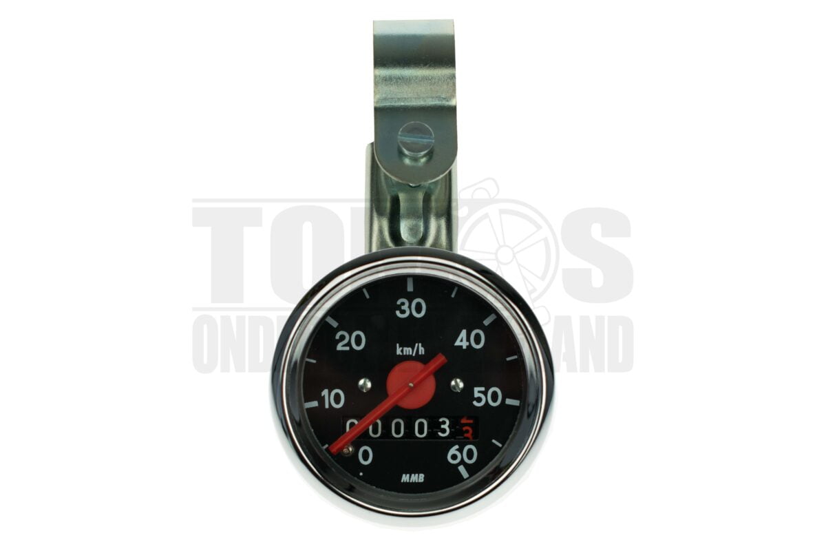 Kilometerteller 48mm 60 km/h chroom / zwart met stuur klem bevestiging
